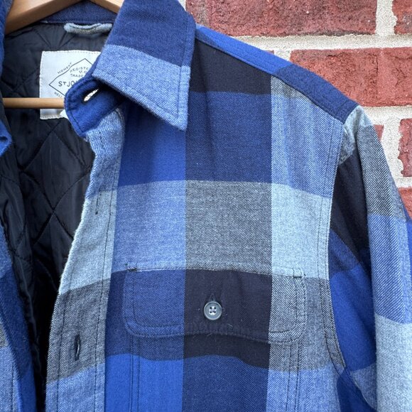 VTG St Johns Bay Quilted Flannel Shacket Mens Medium Blue Buffalo Plaid Pockets - Picture 3 of 10